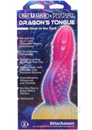 Vac U Lock Fantasy Fuckers Dragons Tongue Silicone Dildo packaging showcasing the glow in the dark design and features.
