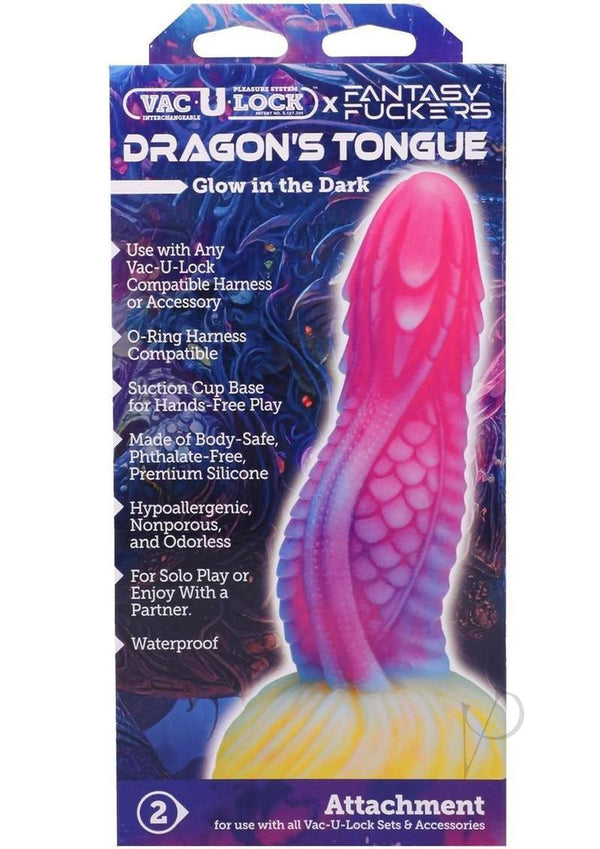 Vac U Lock Fantasy Fuckers Dragons Tongue Silicone Dildo packaging showcasing the glow in the dark design and features.