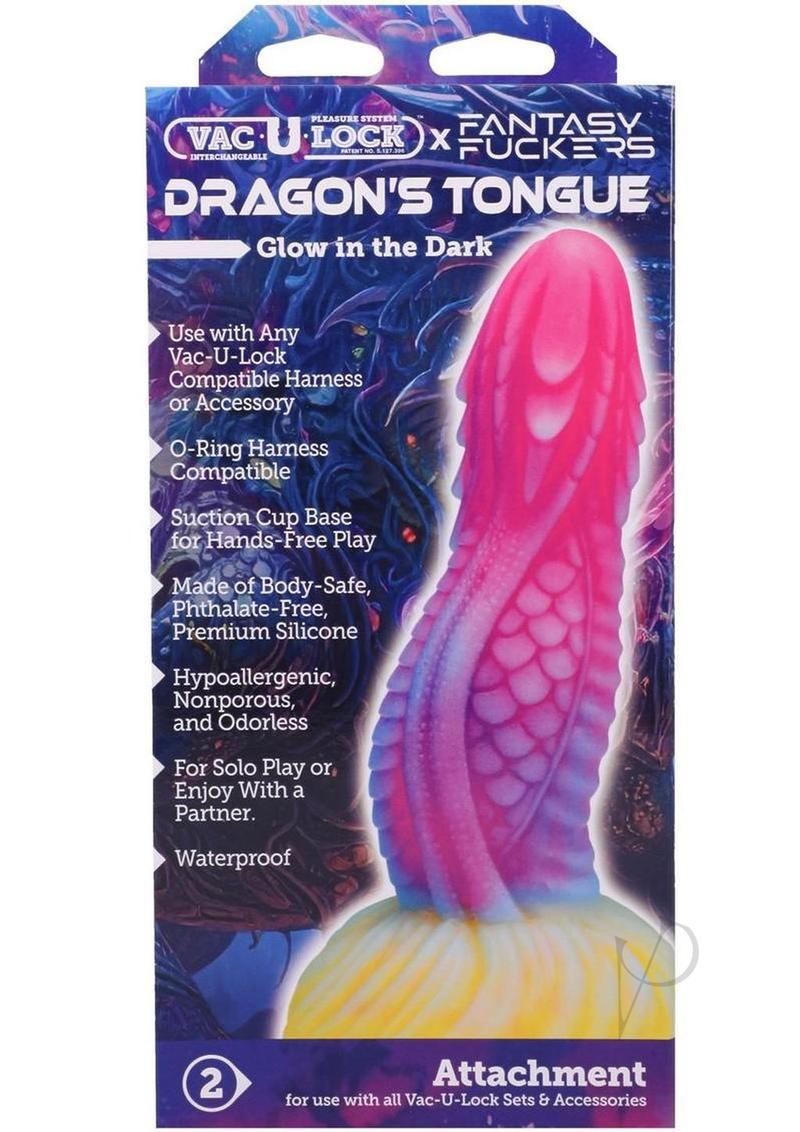 Vac U Lock Fantasy Fuckers Dragons Tongue Silicone Dildo packaging showcasing the glow in the dark design and features.