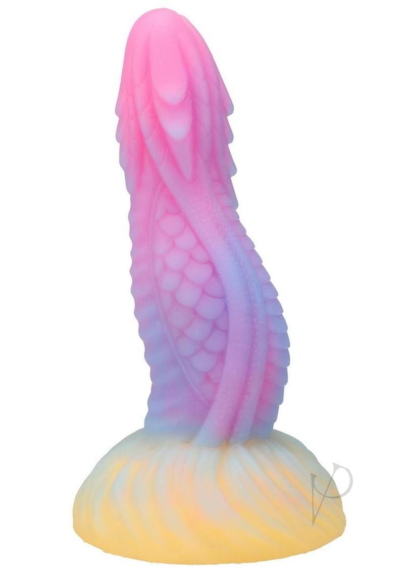 Vac U Lock Fantasy Fuckers Dragons Tongue Silicone Dildo with vibrant pink and yellow color gradients.