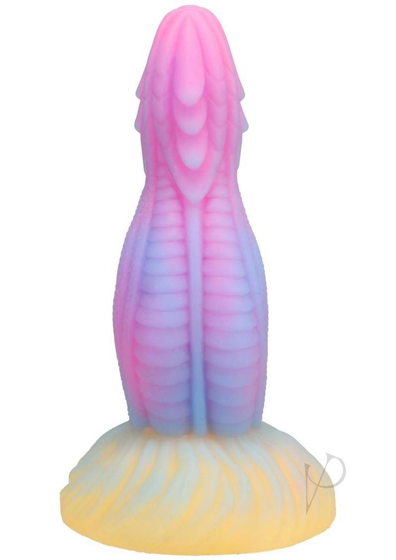 Vac U Lock Fantasy Fuckers Dragons Tongue Silicone Dildo in pink and blue gradient, featuring textured scales.