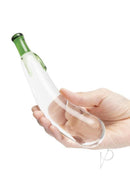 Glas Eggplant Ecstasy Glass Dildo 7.25 Inch Green held in hand, showcasing its playful design and smooth finish.