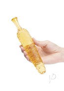 Glas Cornstar 8 Inch Glass Dildo Yellow held in hand, featuring whimsical corn-on-the-cob design and textured kernels.