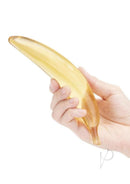 Glas Banana Joy 7 Inch Glass Dildo Yellow held in a hand, showcasing its playful banana shape and smooth glass texture.