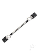 Lux Fetish Spreader Bar With Lockable Cuffs Black/Silver on a white background.