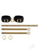 Lux Fetish Solid Gold Expandable Spreader Bar with Cuffs featuring gold-tone bar and black leatherette cuffs.