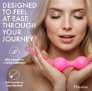 Passion Silicone Weighted Kegel Ball Set with a model, showcasing silky smooth design for intimate wellness.