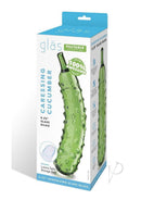 Glas Caressing Cucumber 8.25 Inch Glass Dildo Green packaging with textured design and storage bag included.