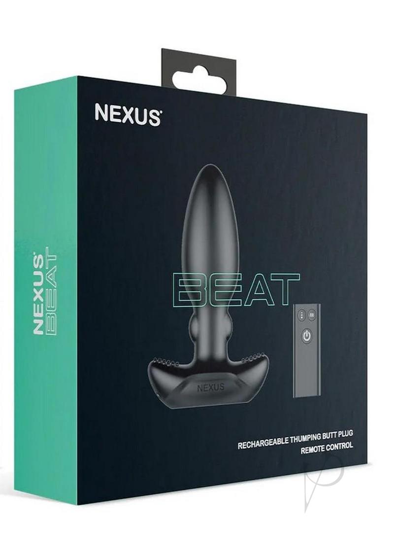 Nexus BEAT Thumping Butt Plug with Remote Control Black packaging featuring a sleek design and remote control feature.