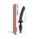 Strap-on-me Switch Plug-in Dual-ended Dildo Black Large in packaging with detailed design features.
