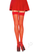 Leg Avenue Sheer Backseam Stockings OS Red worn with a red skirt and high heels, showcasing a seductive backseam design.