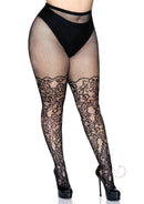 Leg Avenue Floral Vine Net Tights Queen Size Black showcased on a model, featuring elegant floral pattern and a sheer design.