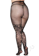 Leg Avenue Floral Vine Net Tights Queen Size Black showcasing an elegant floral vine pattern on a plus-size figure.