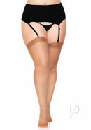 Leg Avenue Sheer Backseam Stockings Queen Size Tan worn with a black garter belt, showcasing a stylish and elegant silhouette.
