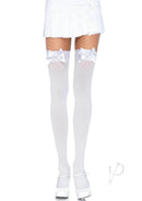 Leg Avenue Opaque Thigh Highs with Satin Bow Accent worn with a white skirt, featuring playful satin bow accents.