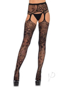Leg Avenue Floral Lace Stockings with Garter Belt Black worn with high-waist cut, showcasing elegant lace design.