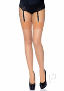 Leg Avenue Sheer Stockings OS Nude showcased on model, featuring garters and elegant black heels.