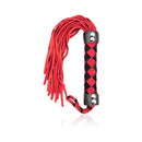 Ple'sur 15.5 Inch Leather Flogger Red featuring red and black suede leather and a braided handle for secure grip.