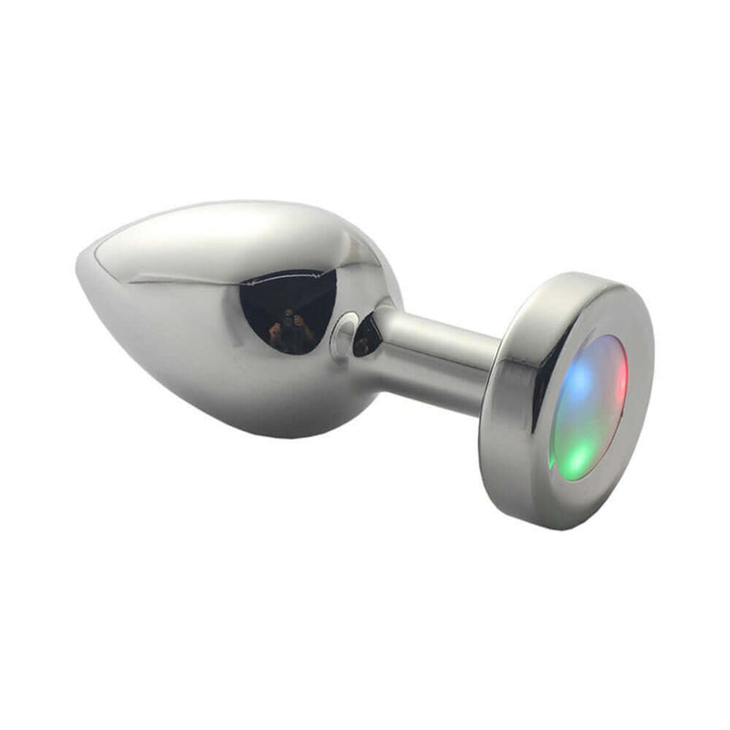 LED Light Up Metal Anal Plug Small with 3-color LED light display for playful pleasure.