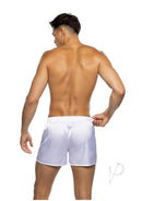 Man wearing Playboy Burnout Bunny Boxer Briefs 2XLarge White, view from the back, showcasing smooth satin styling.
