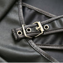 Close-up of the adjustable buckle detail on the Adjustable PVC Spanking Skirt With Built-In Thong Black M L.