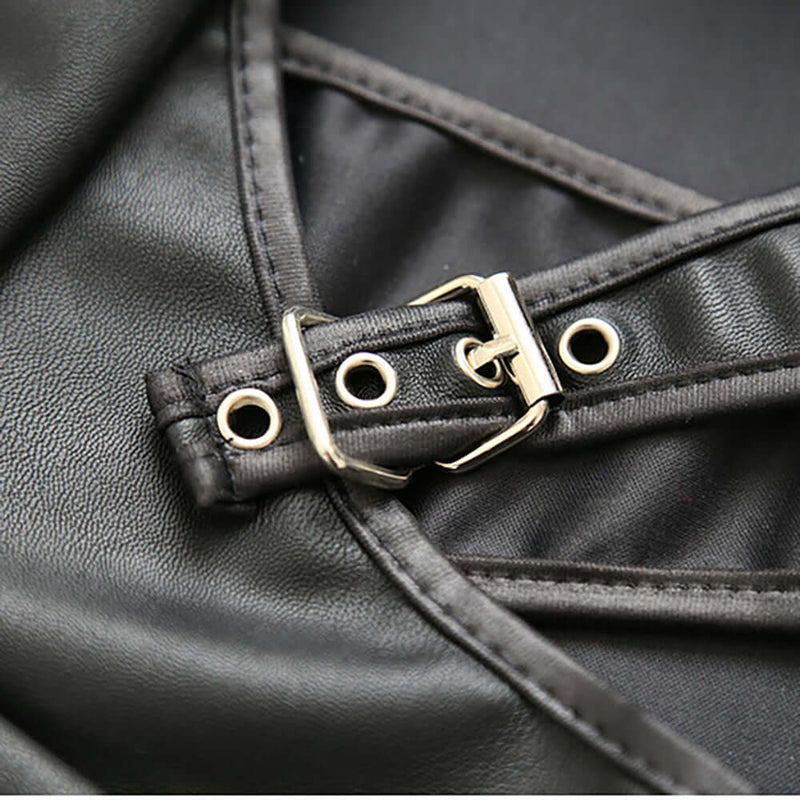 Close-up of the adjustable buckle detail on the Adjustable PVC Spanking Skirt With Built-In Thong Black M L.