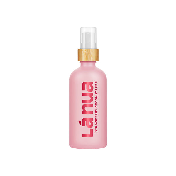 La Nua Strawberry Coconut Water Based Lubricant 3.4 Oz in a pink bottle with wooden cap.