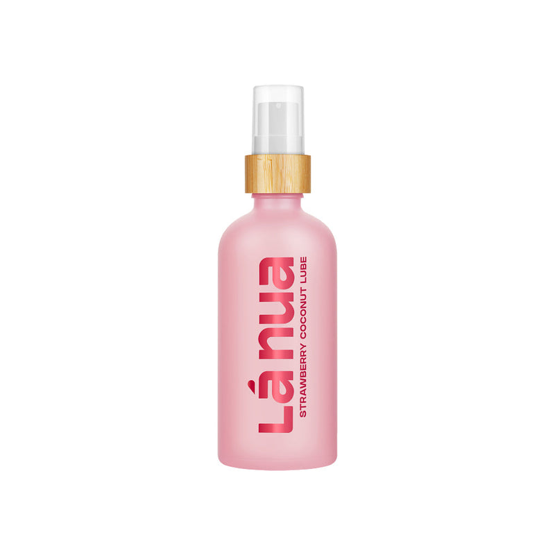 La Nua Strawberry Coconut Water Based Lubricant 3.4 Oz in a pink bottle with wooden cap.