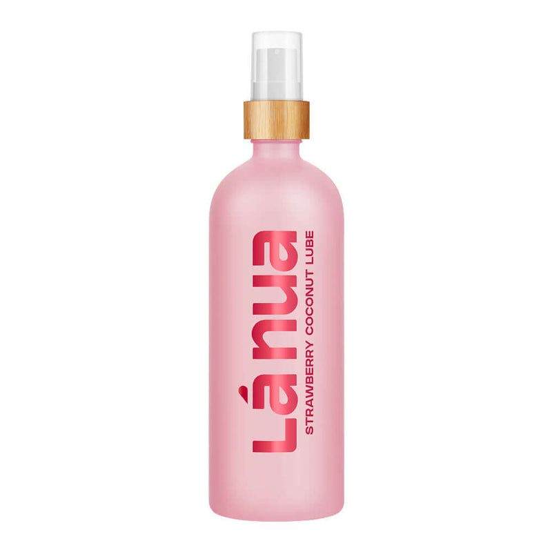 La Nua Strawberry Coconut Water Based Lubricant 6.8 Oz in a pink bottle with a spray top.