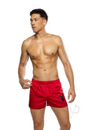 Playboy Mens Burnout Bunny Boxer Briefs Large Red displayed on a model showcasing stylish design and soft satin fabric.