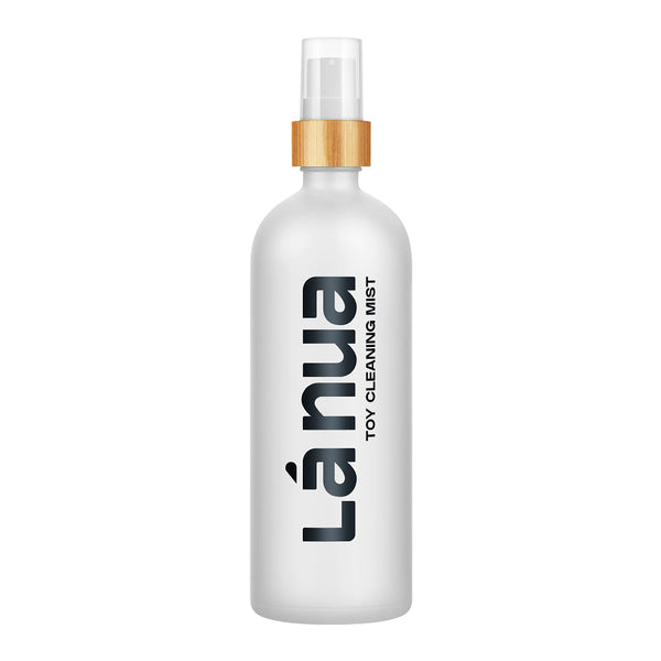 La Nua Mist Toy Cleaner 6.8 Oz bottle with black label and wooden cap for safe and gentle toy cleaning.