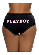 Playboy Ultra Soft Panty Small Medium Black with lace trim and iconic logo on the back.