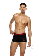 Playboy Mens Tuxedo Modal Boxer Briefs Small Black worn by a model showcasing their sleek black design and red waistband.