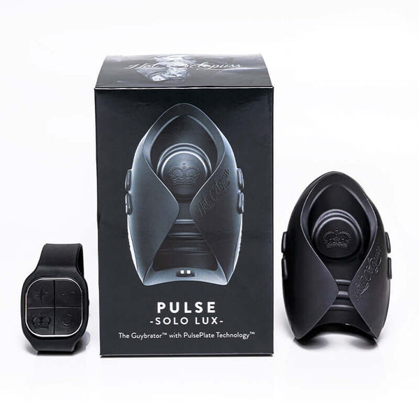 Hot Octopuss Pulse Solo Lux Remote Controlled Stroker Black with box and remote showing innovative design.