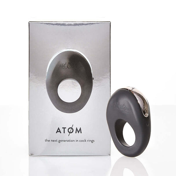 Hot Octopuss Atom Rechargeable Vibrating Cock Ring Black in packaging with high-quality design and branding.