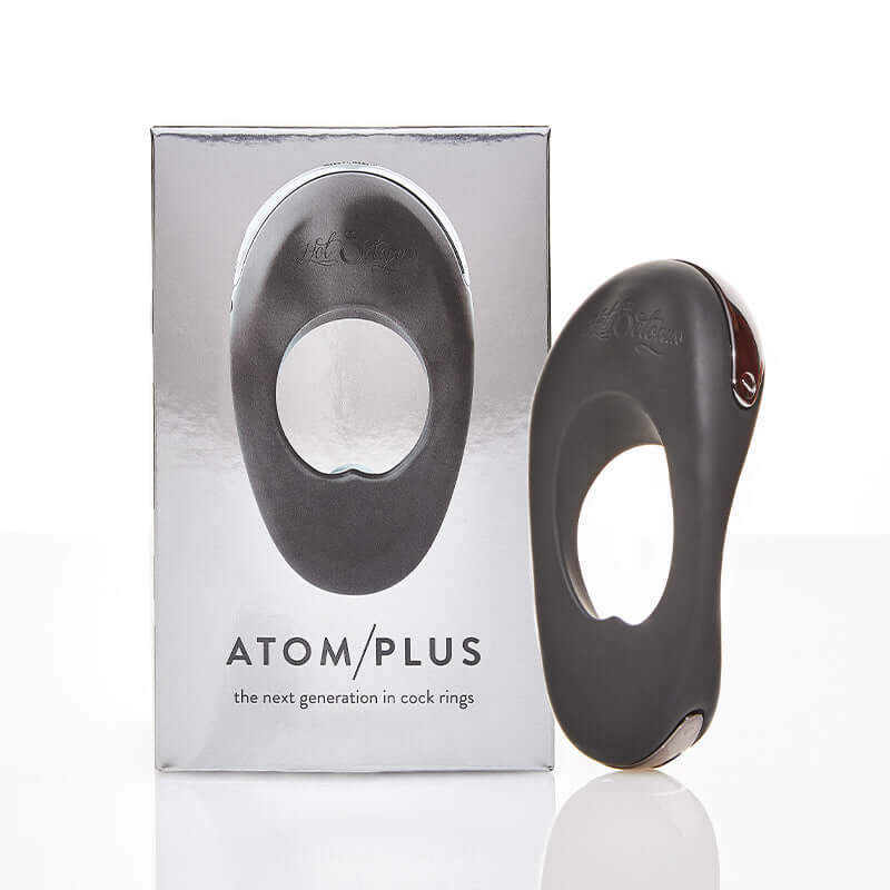 Hot Octopuss Atom Plus Rechargeable Vibrating Cock Ring Black in a sleek box, showcasing next-gen design and pleasure features.