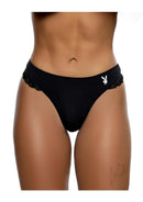 Playboy Ultra Soft Panty Thong Small Medium Black displayed on a model, showcasing its sleek design and comfort.