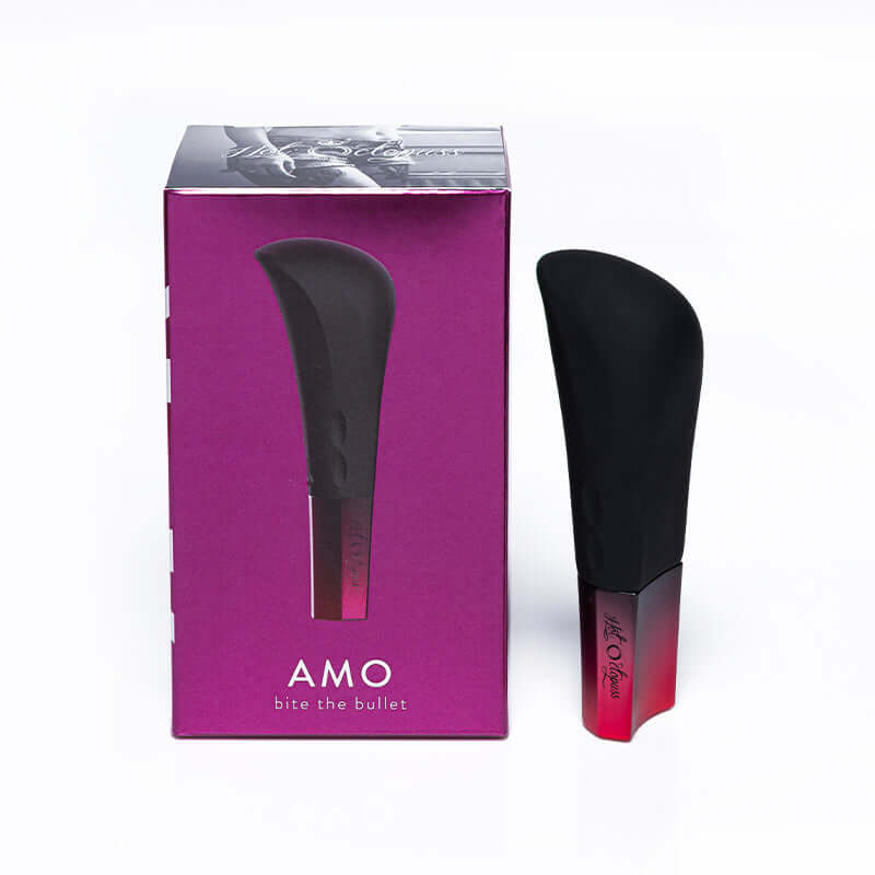 Hot Octopuss Amo Rechargeable Bullet Vibrator Black in packaging with sleek design and bold colors.