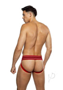 Playboy Mens Locker Room Classic Jock Small Red shown on model from the back, highlighting its athletic design and fit.