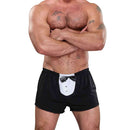 Male Power Tuxedo Boxer One Size Black showcased by a muscular model, highlighting its playful formal design.