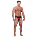 Male Power Hot Lips Bikini Black One Size modeled by a muscular man, featuring playful lips design on the front.