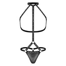 Male Power Gladiator Fetish Harness Thong Black featuring studded faux leather design and contour pouch.