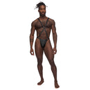 Male Power Warrior Studded Thong Harness Black worn by a model showcasing bold fetish styling and body-hugging design.