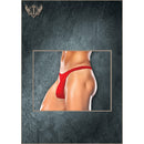Male Power Nylon Spandex Bong Thong Red S/M displayed on a model, showcasing its bold, minimal design and comfort fit pouch.