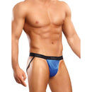 Male Power Satin Spandex Jock Strap Royal S/M displayed on a model showcasing its glossy finish and supportive design.