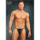 Model wearing Male Power Satin Spandex Posing Strap Black One Size, showcasing a sleek satin finish and minimal design.