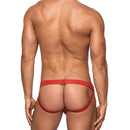 Male Power Hoser Hose Jock Strap Red S/M displayed on a model from the back, showcasing its bold style and sheer design.