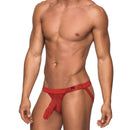 Male Power Hoser Hose Jock Strap Red S/M modeled by a male model showcasing its sheer and supportive design.