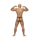 Male Power Hocus Pocus Uplift Bong Thong Purple L/XL showcased on a muscular man, highlighting its shimmering design and fit.