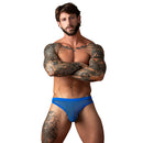 Model wearing Male Power Fishnet 2.0 Bong Thong Royal L/XL in rich royal blue with tattoos.